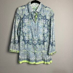 Ronan Graham‎ Tunic Blouse Women Blue Green Paisley Print Long Sleeve Shirt Top